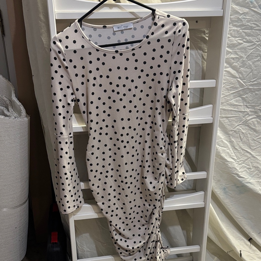 Maternity My Bump Polka Dot Long Sleeve Ruched Dress - Beige/Black